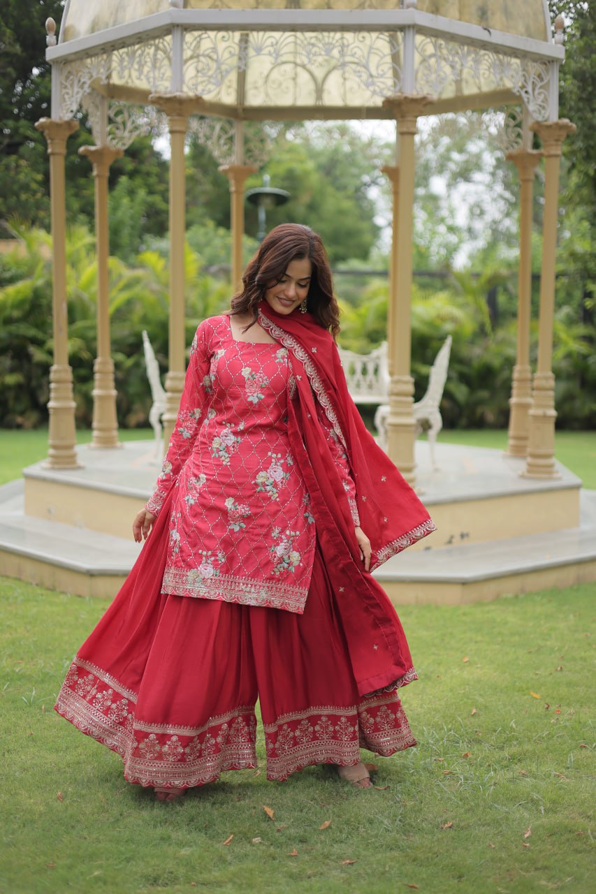 Lovely Chinon Printed Sequins Thread Worked Top Palazzo Suit - INDIAN ELEGANCE