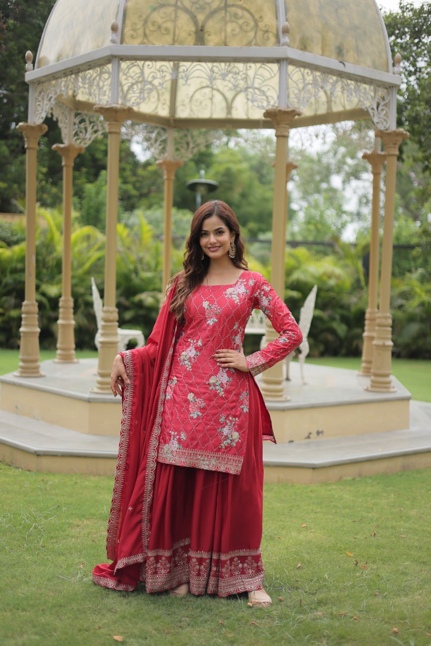 Lovely Chinon Printed Sequins Thread Worked Top Palazzo Suit - INDIAN ELEGANCE