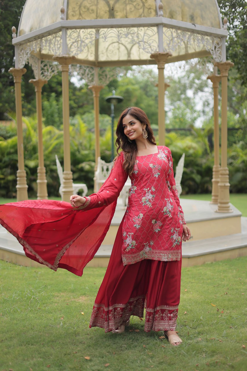 Lovely Chinon Printed Sequins Thread Worked Top Palazzo Suit - INDIAN ELEGANCE