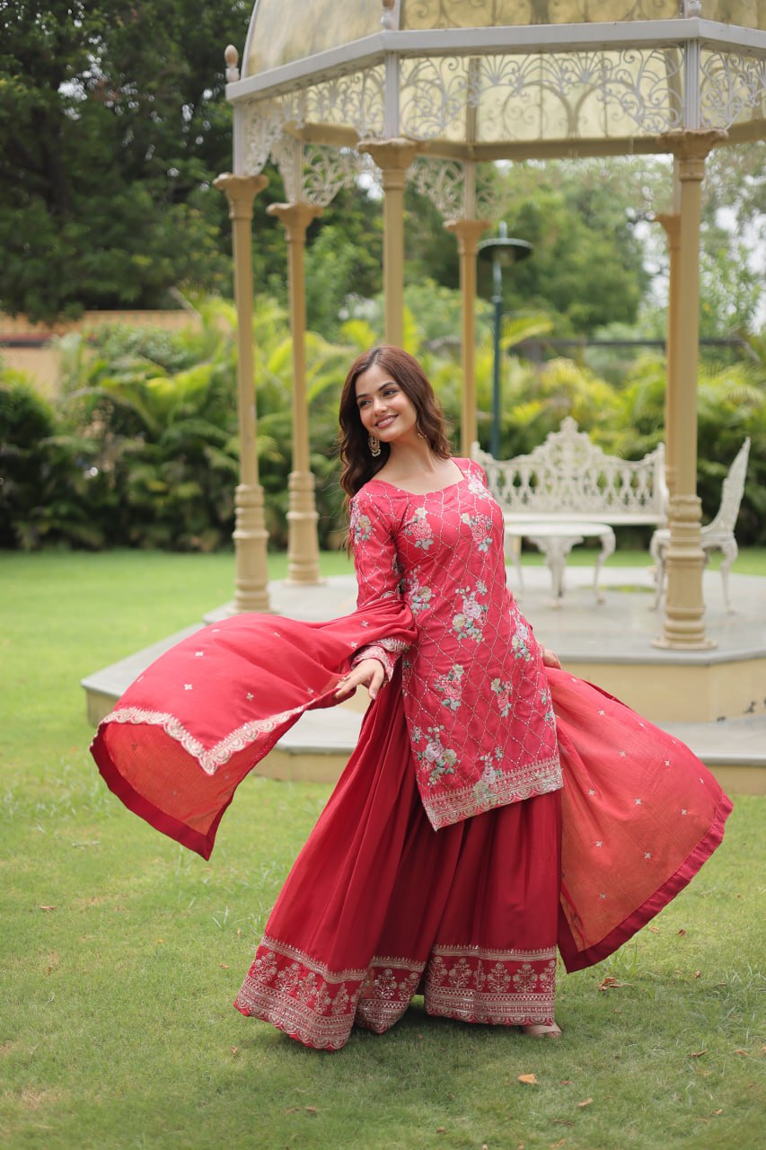 Lovely Chinon Printed Sequins Thread Worked Top Palazzo Suit - INDIAN ELEGANCE