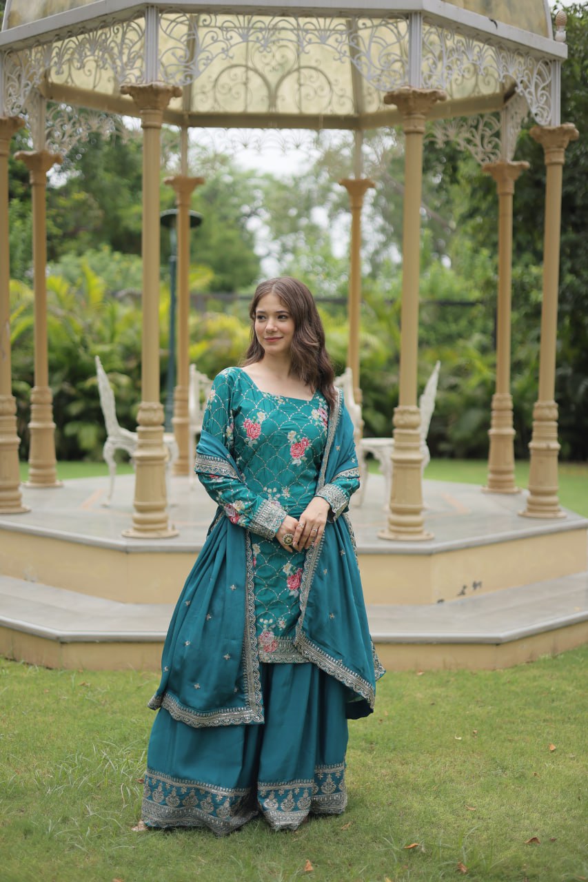 Lovely Chinon Printed Sequins Thread Worked Top Palazzo Suit - INDIAN ELEGANCE