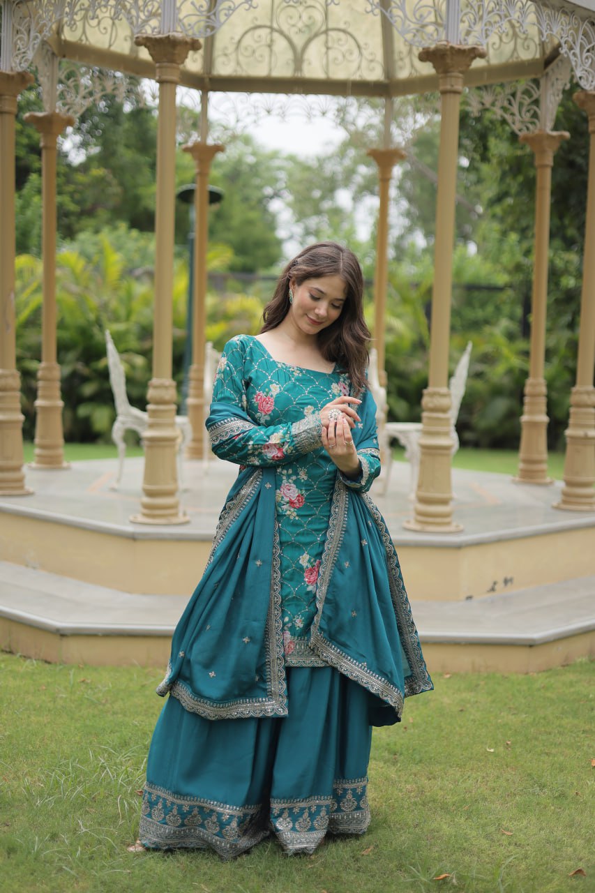 Lovely Chinon Printed Sequins Thread Worked Top Palazzo Suit - INDIAN ELEGANCE