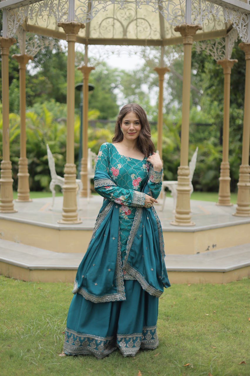 Lovely Chinon Printed Sequins Thread Worked Top Palazzo Suit - INDIAN ELEGANCE