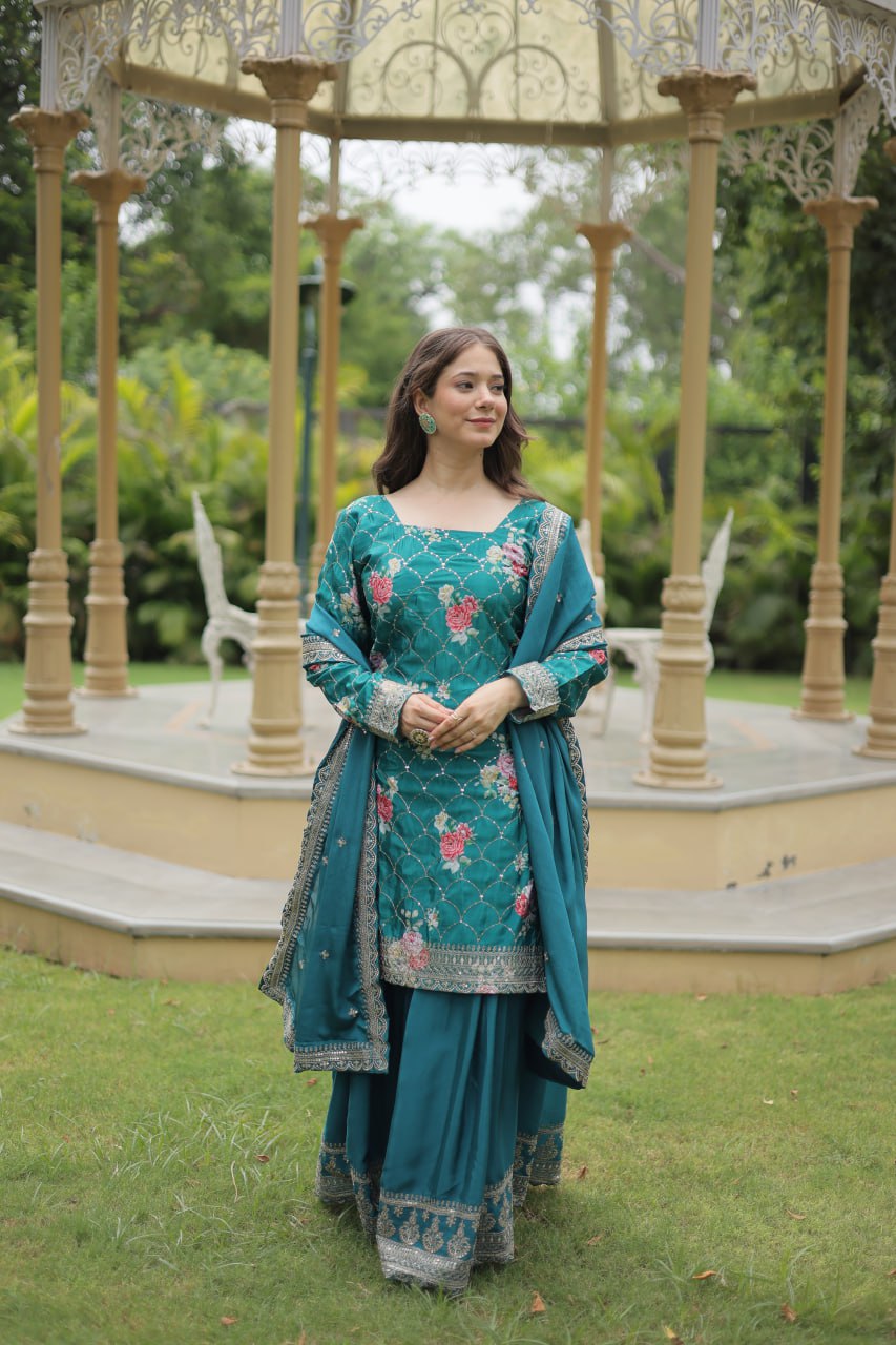 Lovely Chinon Printed Sequins Thread Worked Top Palazzo Suit - INDIAN ELEGANCE