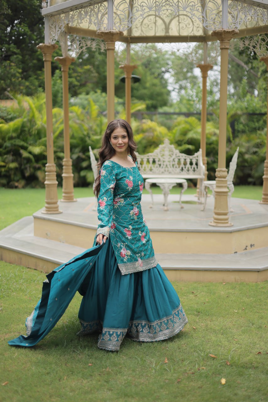 Lovely Chinon Printed Sequins Thread Worked Top Palazzo Suit - INDIAN ELEGANCE