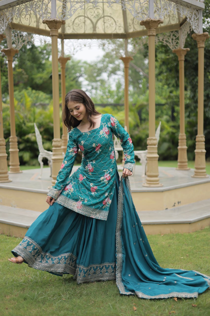 Lovely Chinon Printed Sequins Thread Worked Top Palazzo Suit - INDIAN ELEGANCE