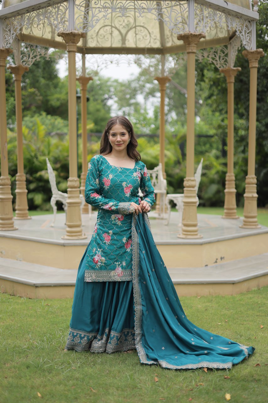 Lovely Chinon Printed Sequins Thread Worked Top Palazzo Suit - INDIAN ELEGANCE