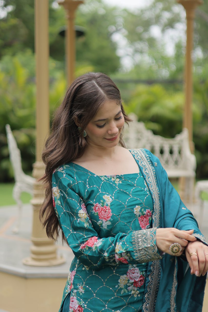Lovely Chinon Printed Sequins Thread Worked Top Palazzo Suit - INDIAN ELEGANCE