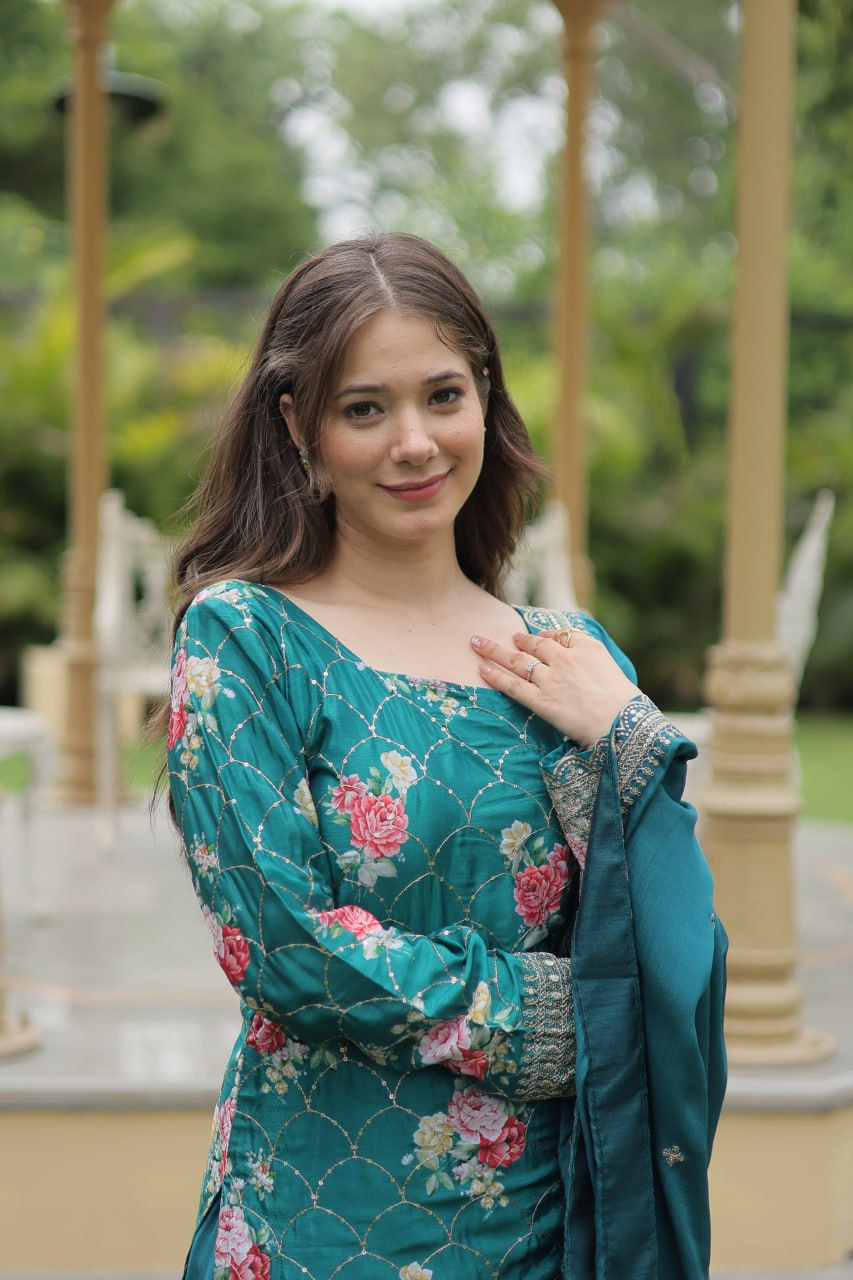 Lovely Chinon Printed Sequins Thread Worked Top Palazzo Suit - INDIAN ELEGANCE