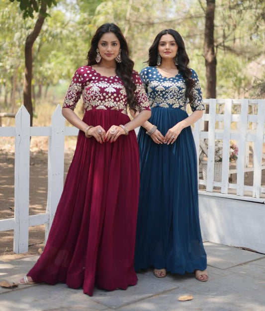 Lovely Faux Georgette Zari Sequins Worked Designer Gown - INDIAN ELEGANCE