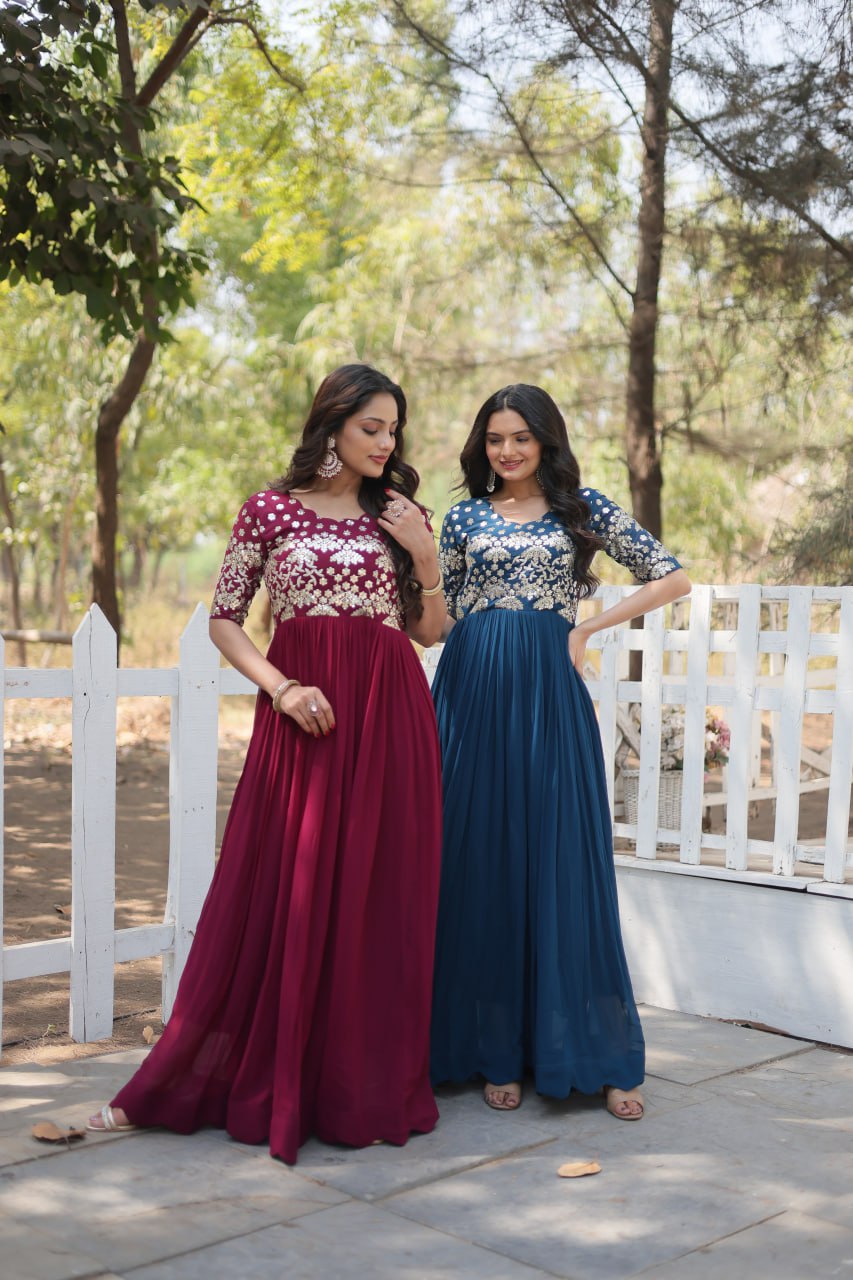 Lovely Faux Georgette Zari Sequins Worked Designer Gown - INDIAN ELEGANCE