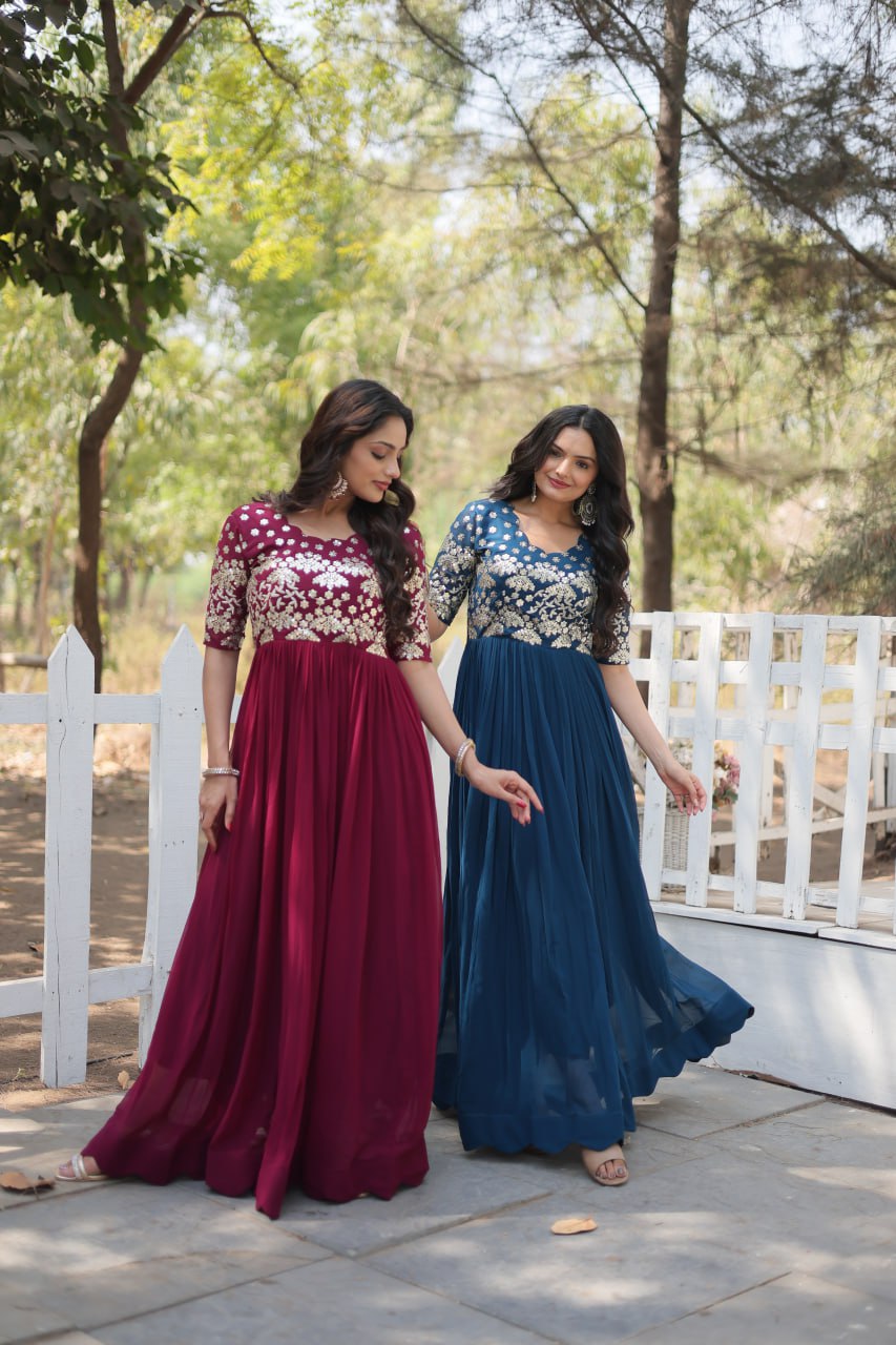 Lovely Faux Georgette Zari Sequins Worked Designer Gown - INDIAN ELEGANCE