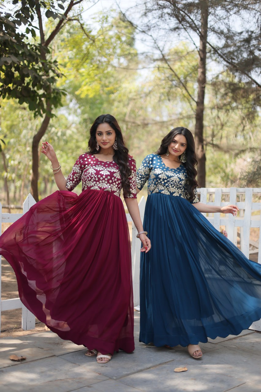 Lovely Faux Georgette Zari Sequins Worked Designer Gown - INDIAN ELEGANCE