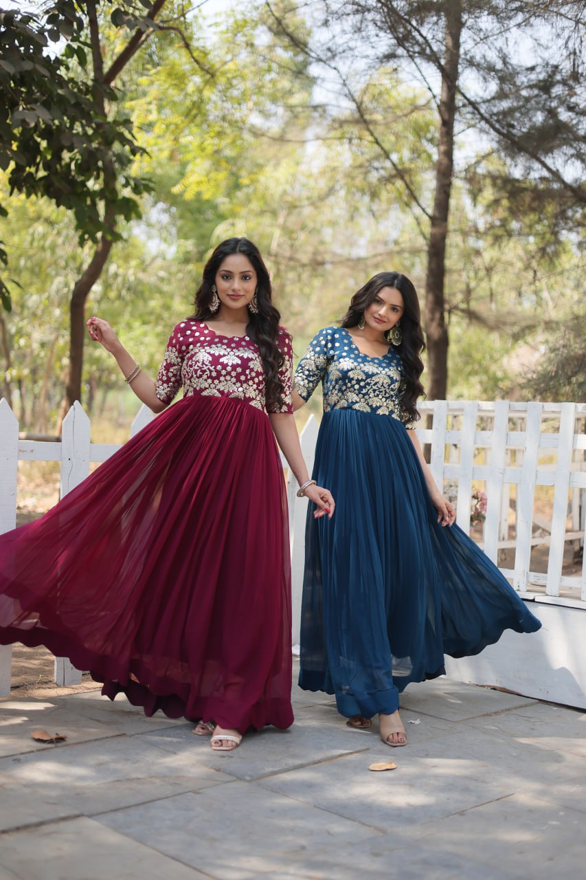 Lovely Faux Georgette Zari Sequins Worked Designer Gown - INDIAN ELEGANCE