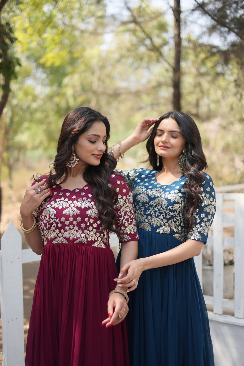 Lovely Faux Georgette Zari Sequins Worked Designer Gown - INDIAN ELEGANCE