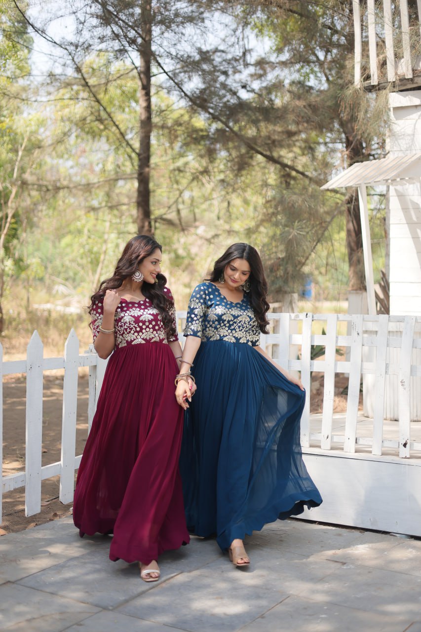 Lovely Faux Georgette Zari Sequins Worked Designer Gown - INDIAN ELEGANCE