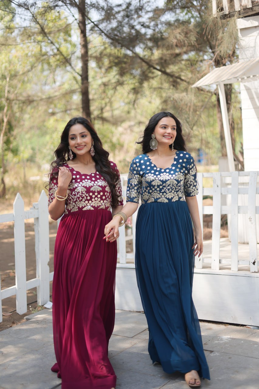 Lovely Faux Georgette Zari Sequins Worked Designer Gown - INDIAN ELEGANCE
