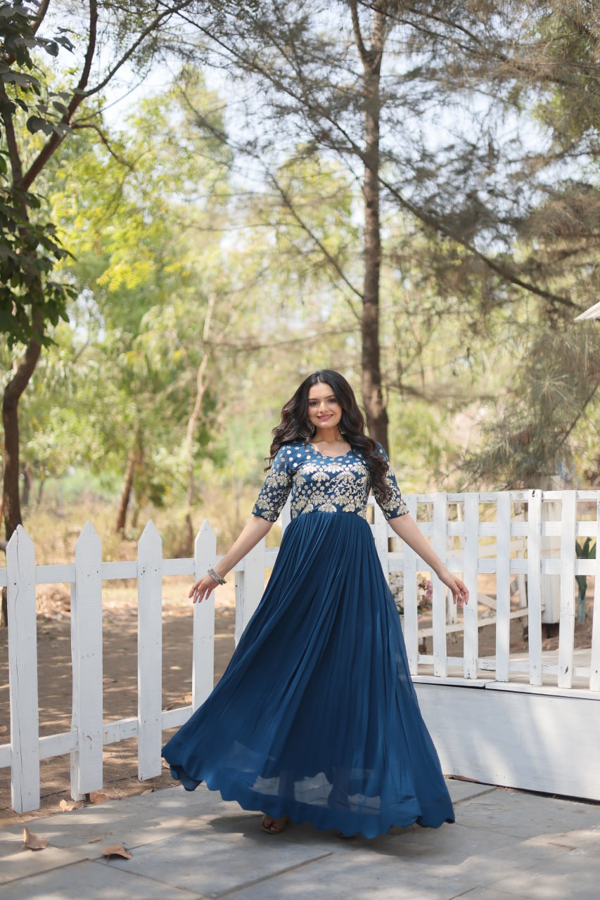 Lovely Faux Georgette Zari Sequins Worked Designer Gown - INDIAN ELEGANCE