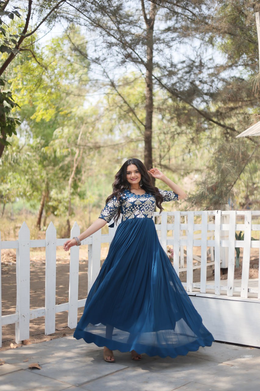 Lovely Faux Georgette Zari Sequins Worked Designer Gown - INDIAN ELEGANCE