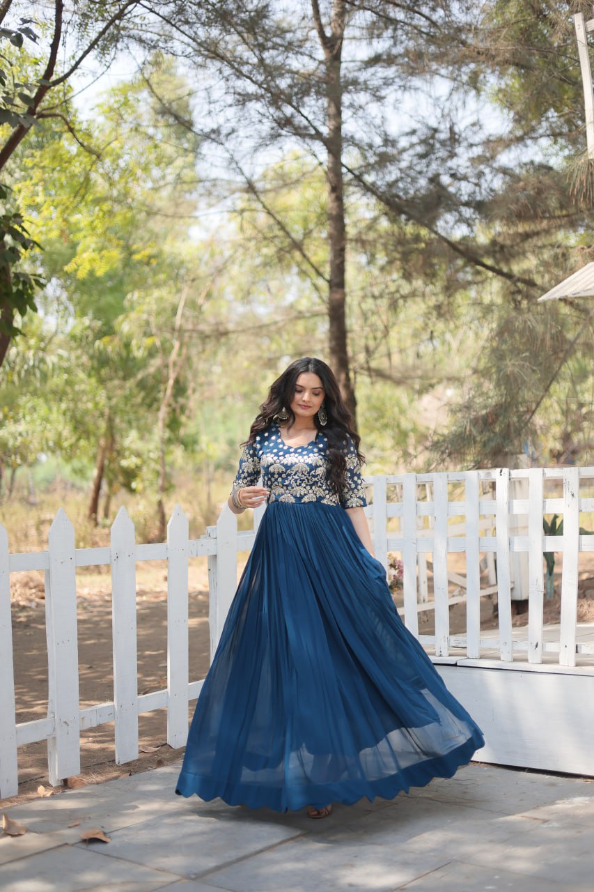 Lovely Faux Georgette Zari Sequins Worked Designer Gown - INDIAN ELEGANCE