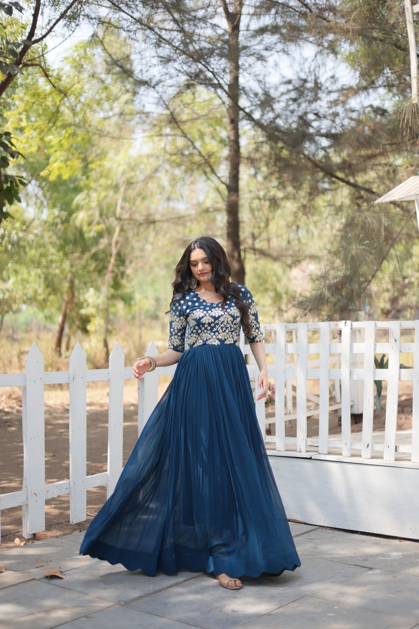 Lovely Faux Georgette Zari Sequins Worked Designer Gown - INDIAN ELEGANCE