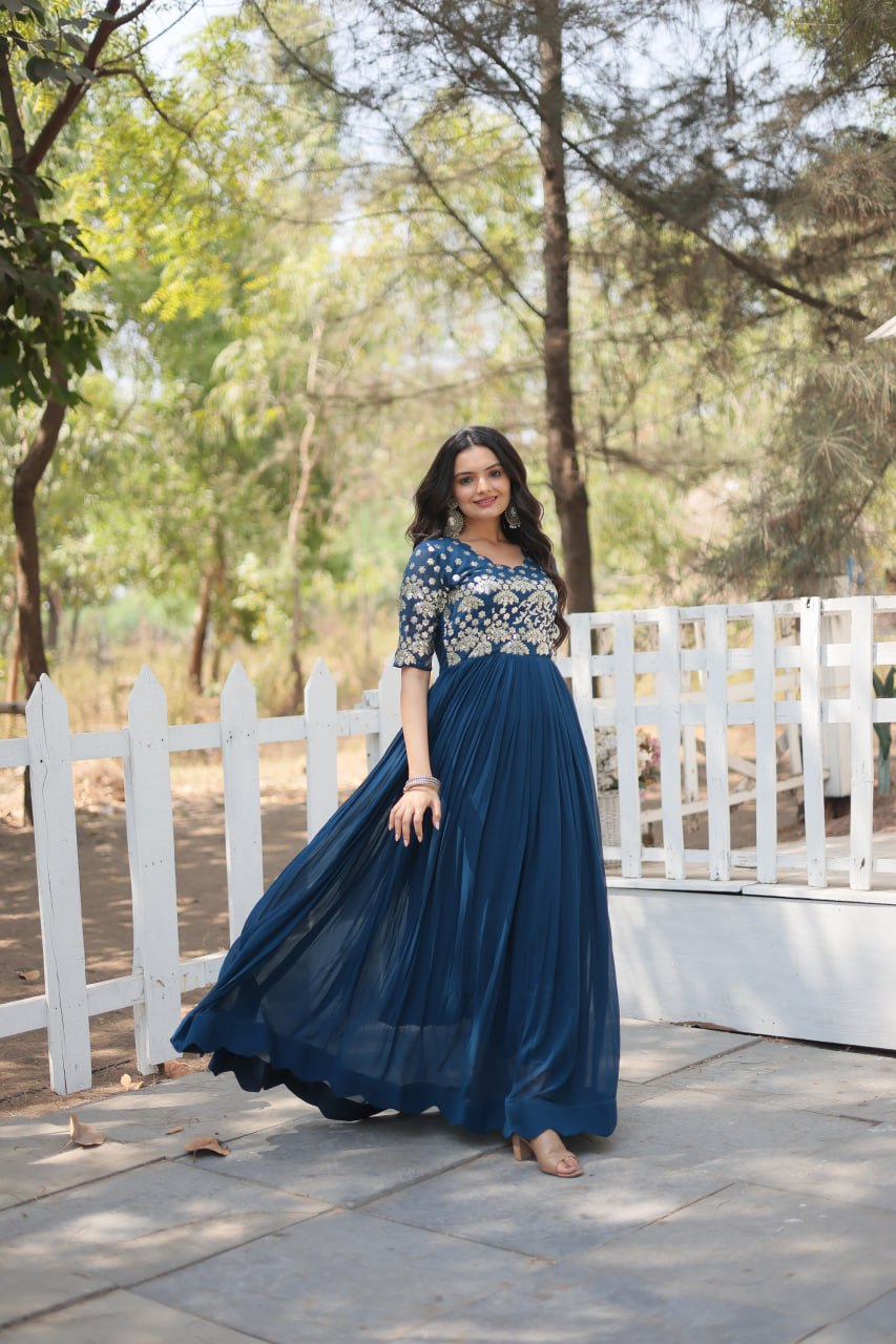 Lovely Faux Georgette Zari Sequins Worked Designer Gown - INDIAN ELEGANCE