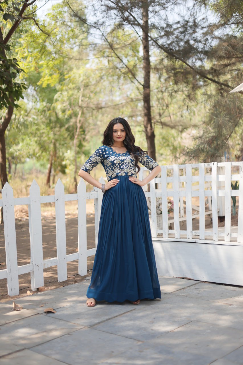 Lovely Faux Georgette Zari Sequins Worked Designer Gown - INDIAN ELEGANCE