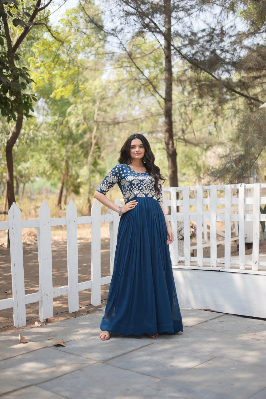 Lovely Faux Georgette Zari Sequins Worked Designer Gown - INDIAN ELEGANCE