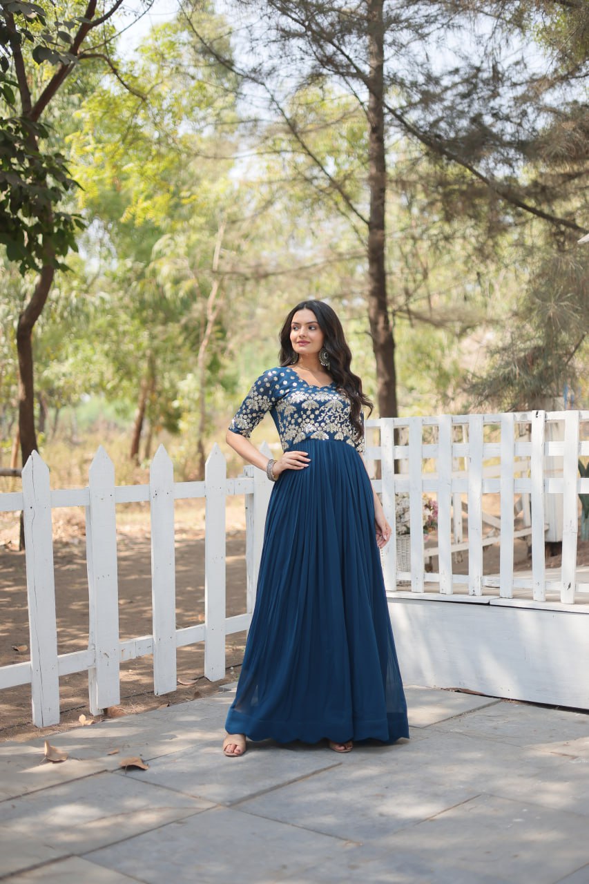 Lovely Faux Georgette Zari Sequins Worked Designer Gown - INDIAN ELEGANCE