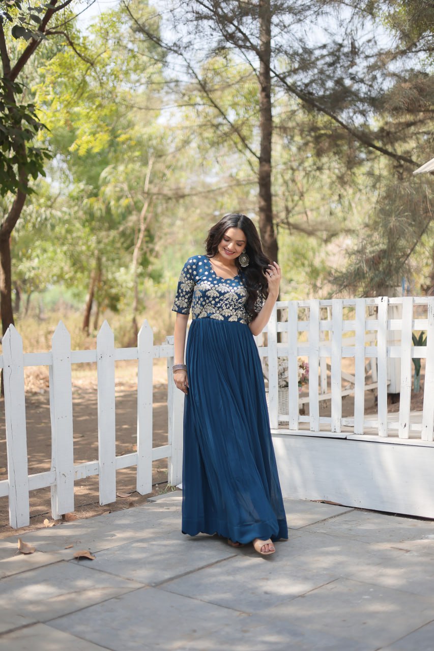 Lovely Faux Georgette Zari Sequins Worked Designer Gown - INDIAN ELEGANCE