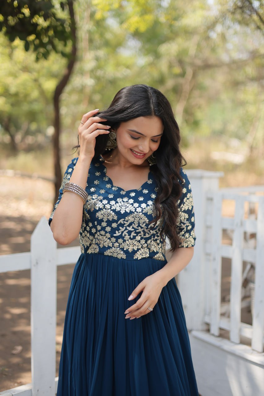 Lovely Faux Georgette Zari Sequins Worked Designer Gown - INDIAN ELEGANCE