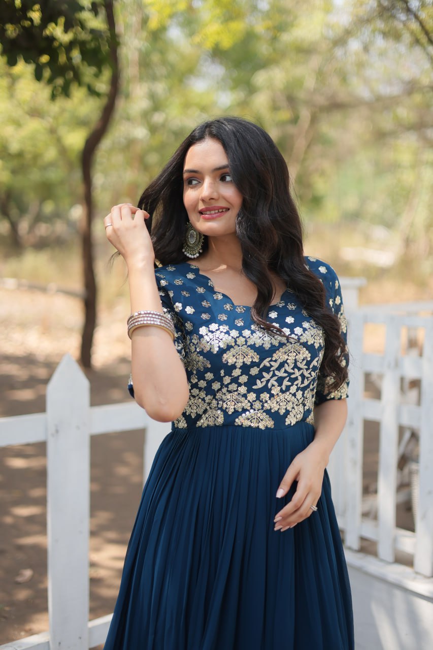 Lovely Faux Georgette Zari Sequins Worked Designer Gown - INDIAN ELEGANCE