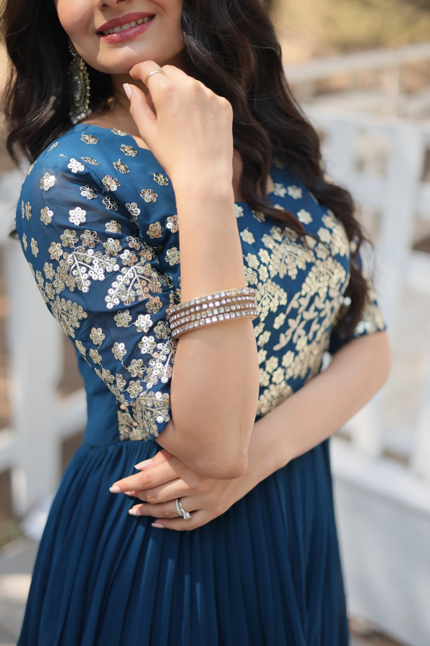 Lovely Faux Georgette Zari Sequins Worked Designer Gown - INDIAN ELEGANCE