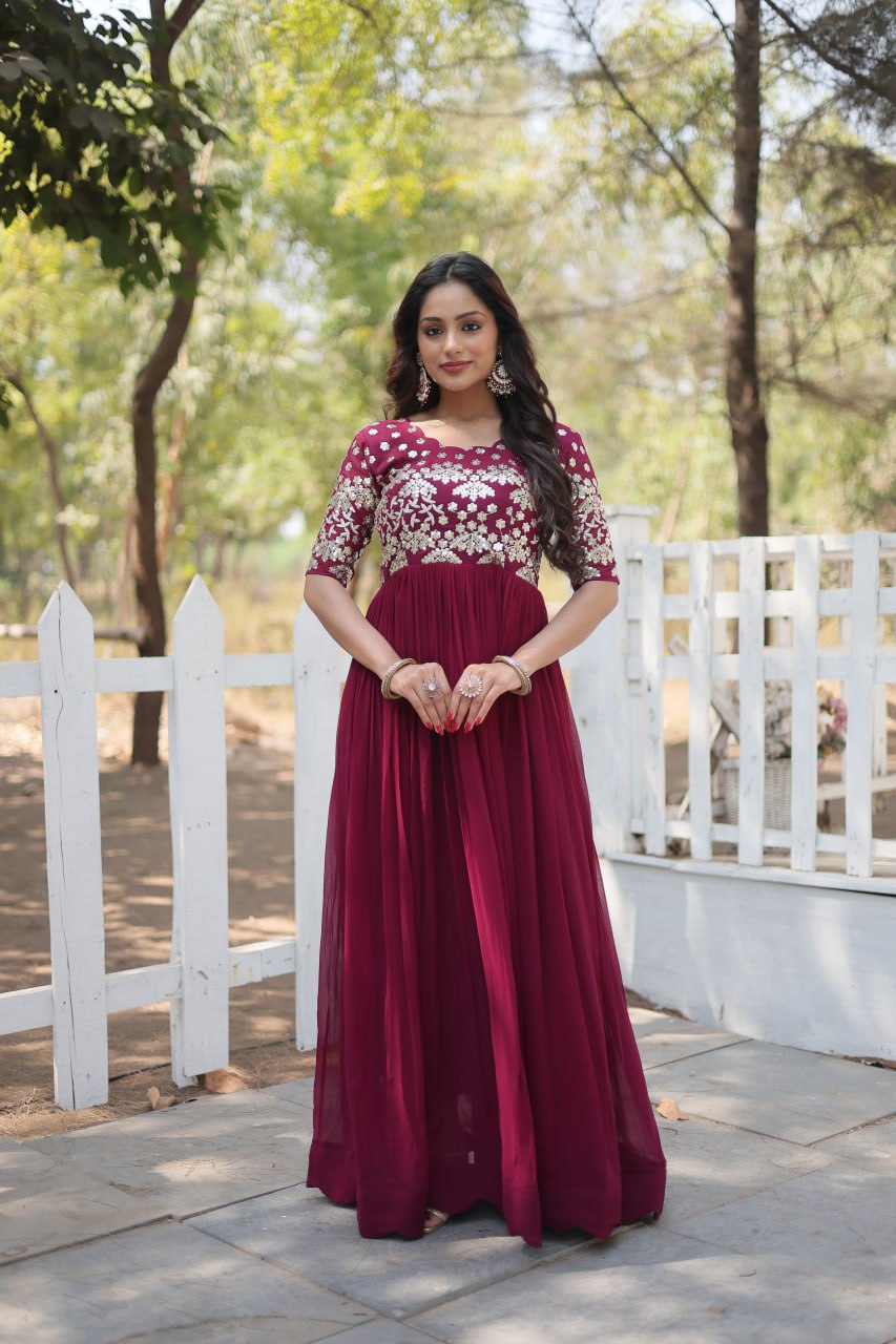 Lovely Faux Georgette Zari Sequins Worked Designer Gown - INDIAN ELEGANCE
