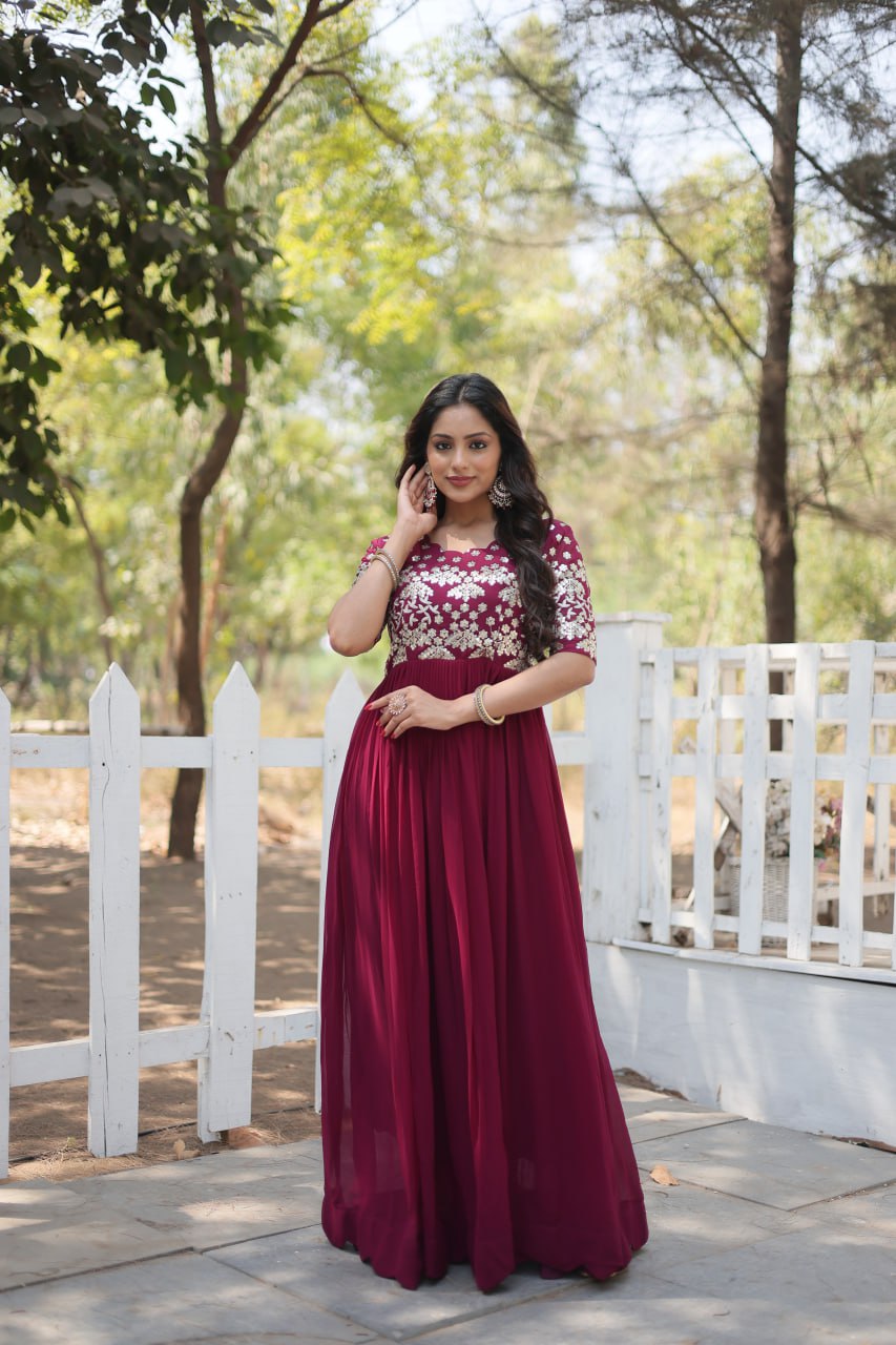 Lovely Faux Georgette Zari Sequins Worked Designer Gown - INDIAN ELEGANCE