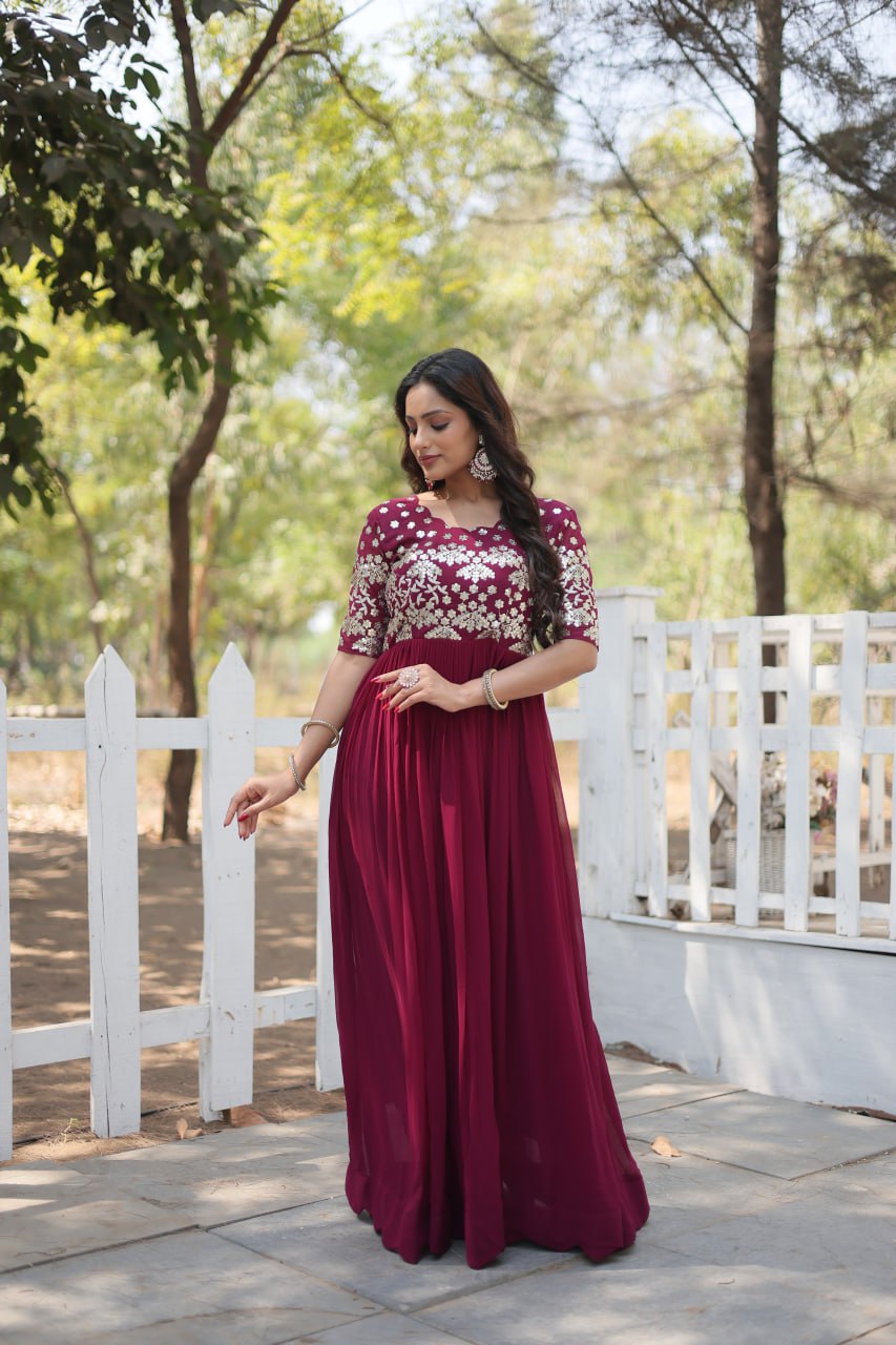 Lovely Faux Georgette Zari Sequins Worked Designer Gown - INDIAN ELEGANCE