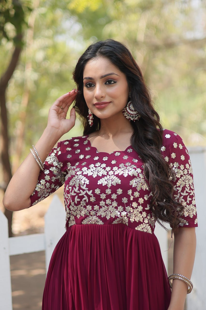 Lovely Faux Georgette Zari Sequins Worked Designer Gown - INDIAN ELEGANCE