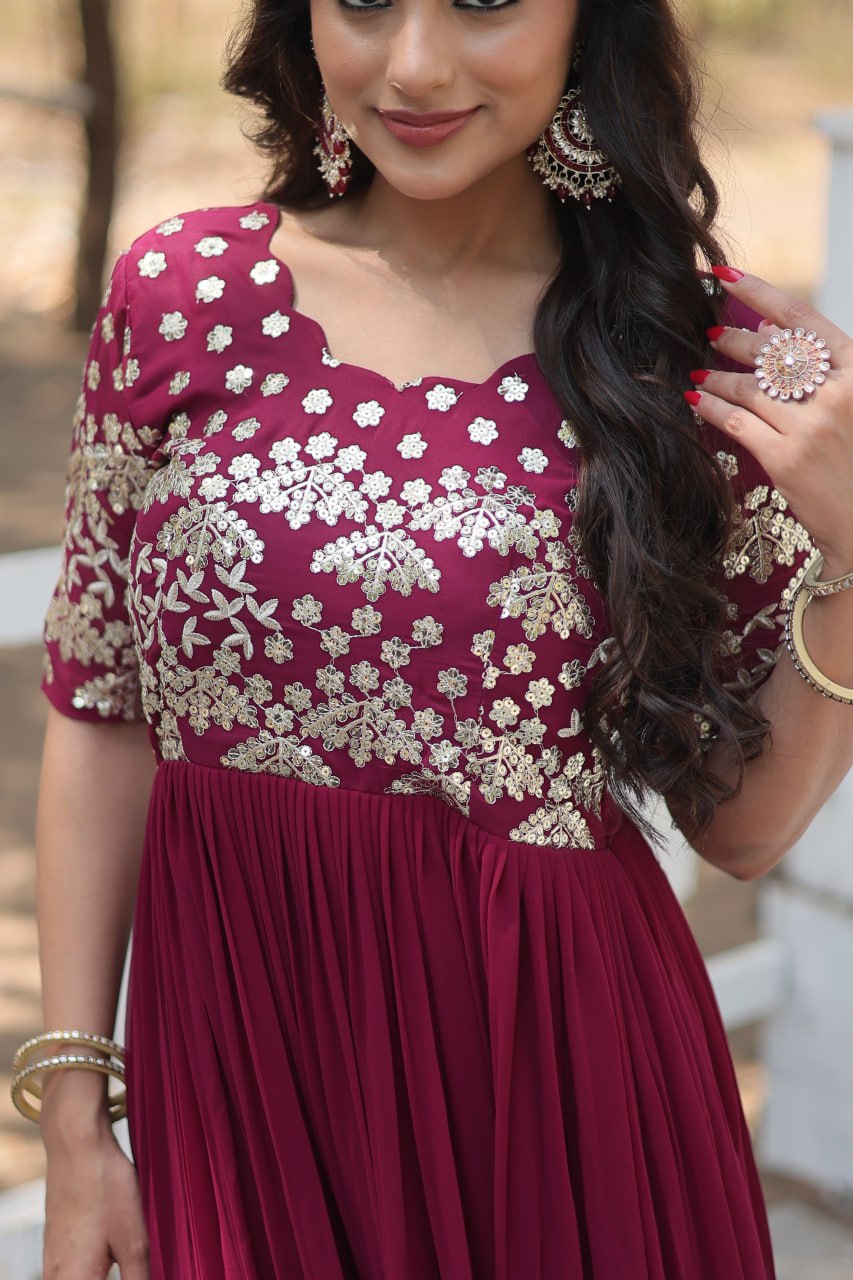 Lovely Faux Georgette Zari Sequins Worked Designer Gown - INDIAN ELEGANCE