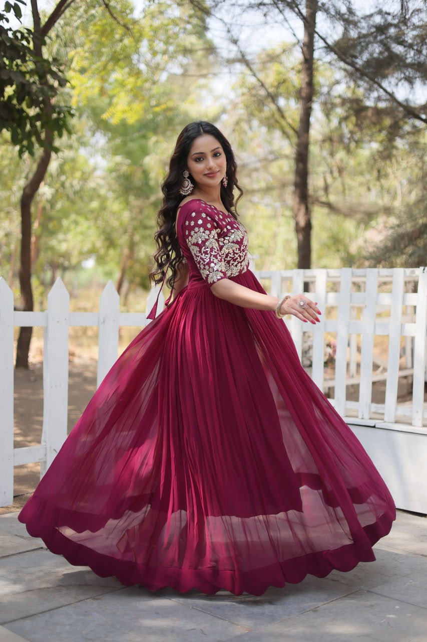 Lovely Faux Georgette Zari Sequins Worked Designer Gown - INDIAN ELEGANCE
