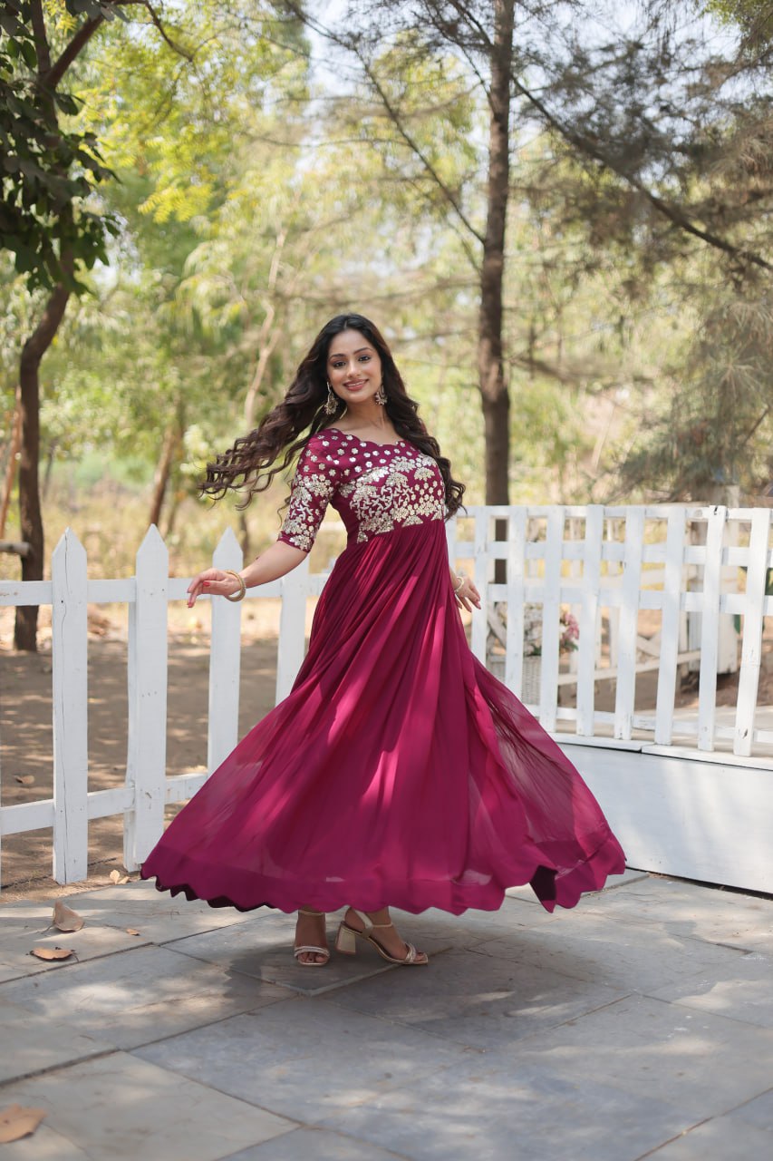 Lovely Faux Georgette Zari Sequins Worked Designer Gown - INDIAN ELEGANCE