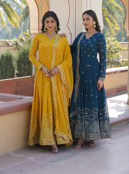 Gorgeous Faux Georgette Zari Sequins Worked Festive Wear Gown - INDIAN ELEGANCE