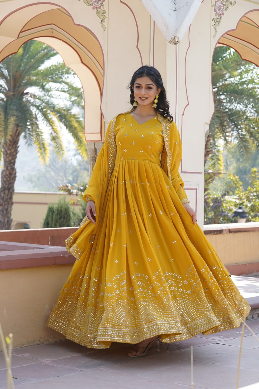 Gorgeous Faux Georgette Zari Sequins Worked Festive Wear Gown - INDIAN ELEGANCE