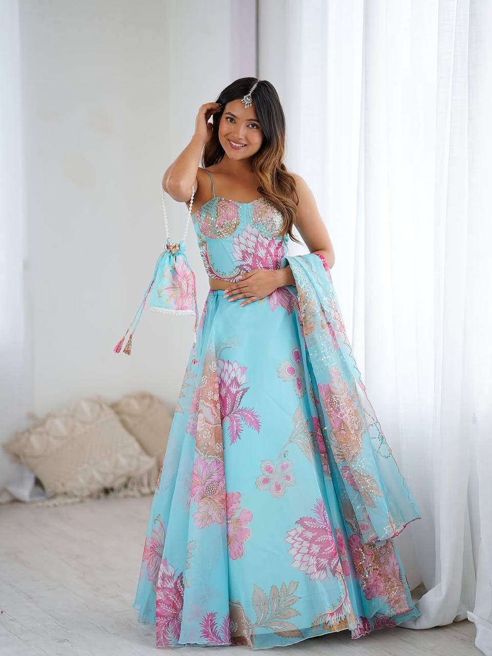 Sky Blue Fully Stitched Floral Organza Silk Lehenga Choli Set