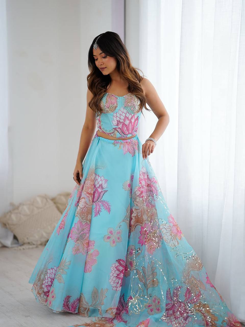 Sky Blue Fully Stitched Floral Organza Silk Lehenga Choli Set