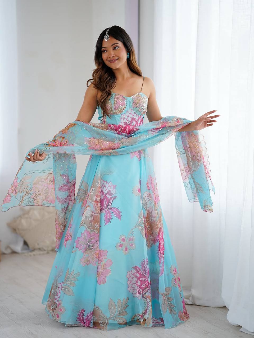Sky Blue Fully Stitched Floral Organza Silk Lehenga Choli Set