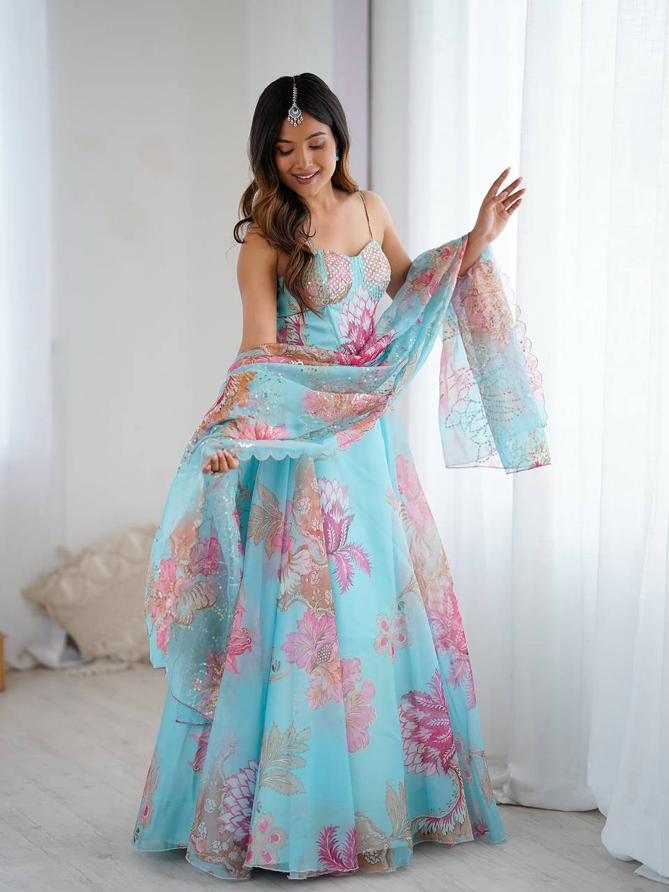 Sky Blue Fully Stitched Floral Organza Silk Lehenga Choli Set