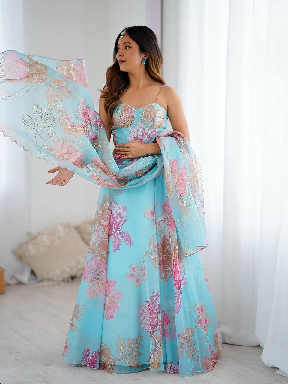 Sky Blue Fully Stitched Floral Organza Silk Lehenga Choli Set