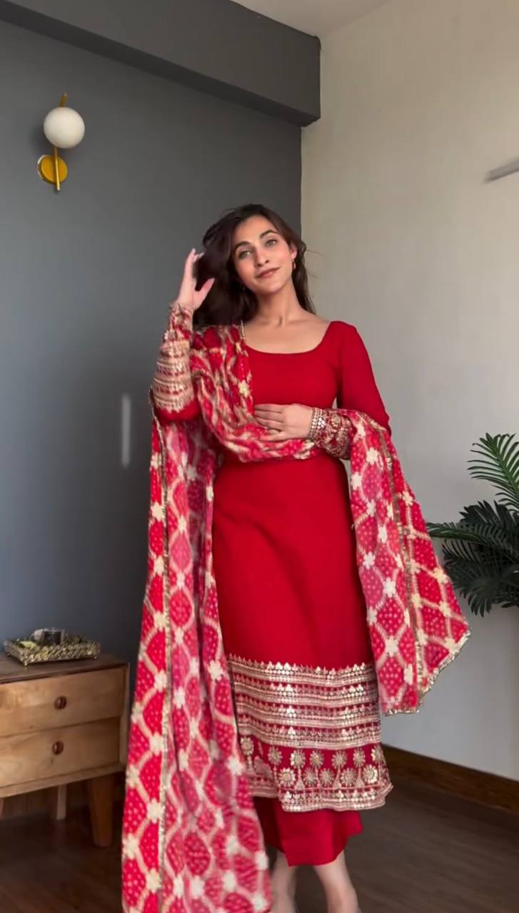 Traditional Red Faux Georgette Kurta Pant Set with Sequins Work & Bandhani Dupatta for woman | Wedding, Sangeet, Reception & Farewell