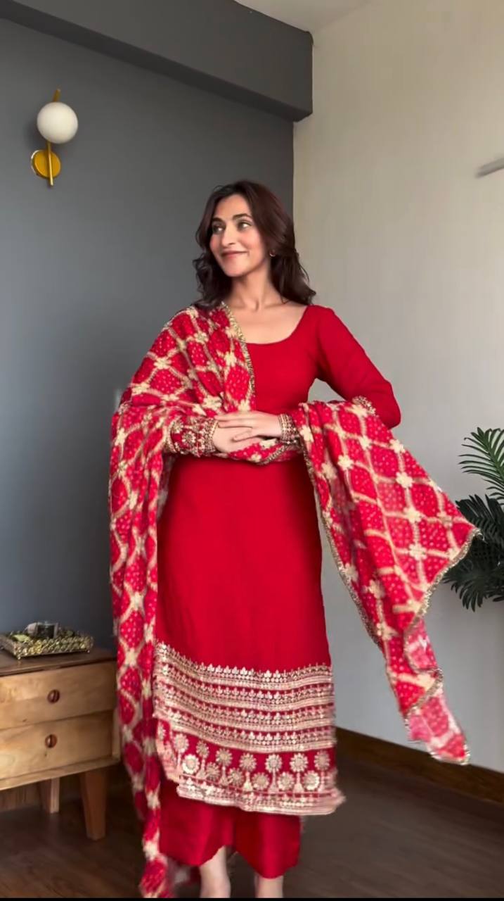 Traditional Red Faux Georgette Kurta Pant Set with Sequins Work & Bandhani Dupatta for woman | Wedding, Sangeet, Reception & Farewell