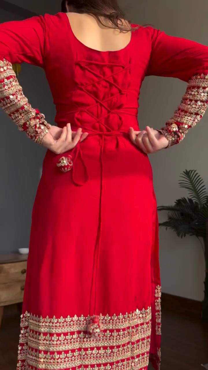 Traditional Red Faux Georgette Kurta Pant Set with Sequins Work & Bandhani Dupatta for woman | Wedding, Sangeet, Reception & Farewell